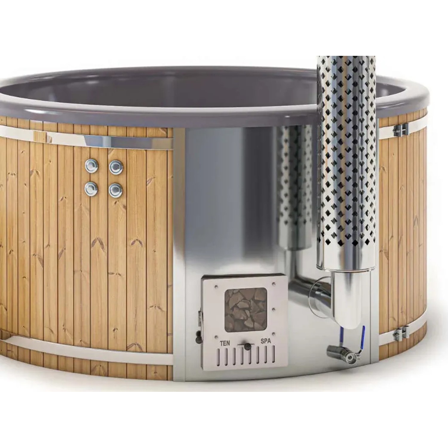 Finntherm Hot Tub Stockholm Spa Edition, anthrazit, Ø 200 cm, mit Holzverkleidung und Ofen.
