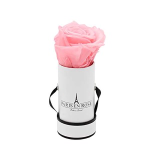 Rosenbox mit rosa Rose in weiß-schwarzer Box (Ø 5cm).