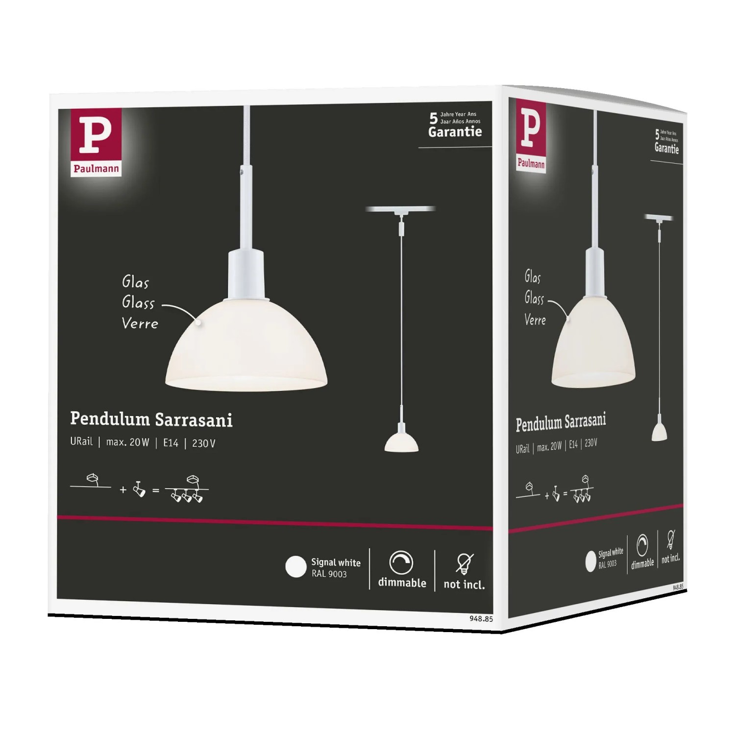 Verpackung der Paulmann URail Pendelleuchte Sarrasani in Signalweiß. Dekorative Hängelampe für Schienensysteme.