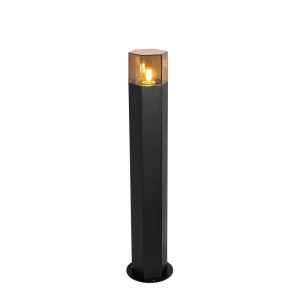Schwarze QAZQA Außenleuchte Denmark mit Rauchglas, sechseckig, 70 cm hoch.