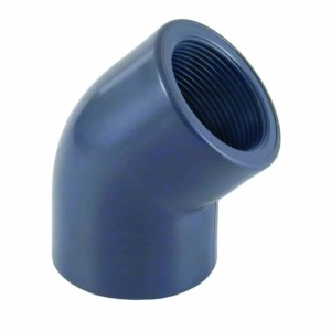Blaues Cepex PVC-U 45° Winkelstück IG 50 mm für Rohrsysteme. Robustes Fitting für Wasserleitungen.