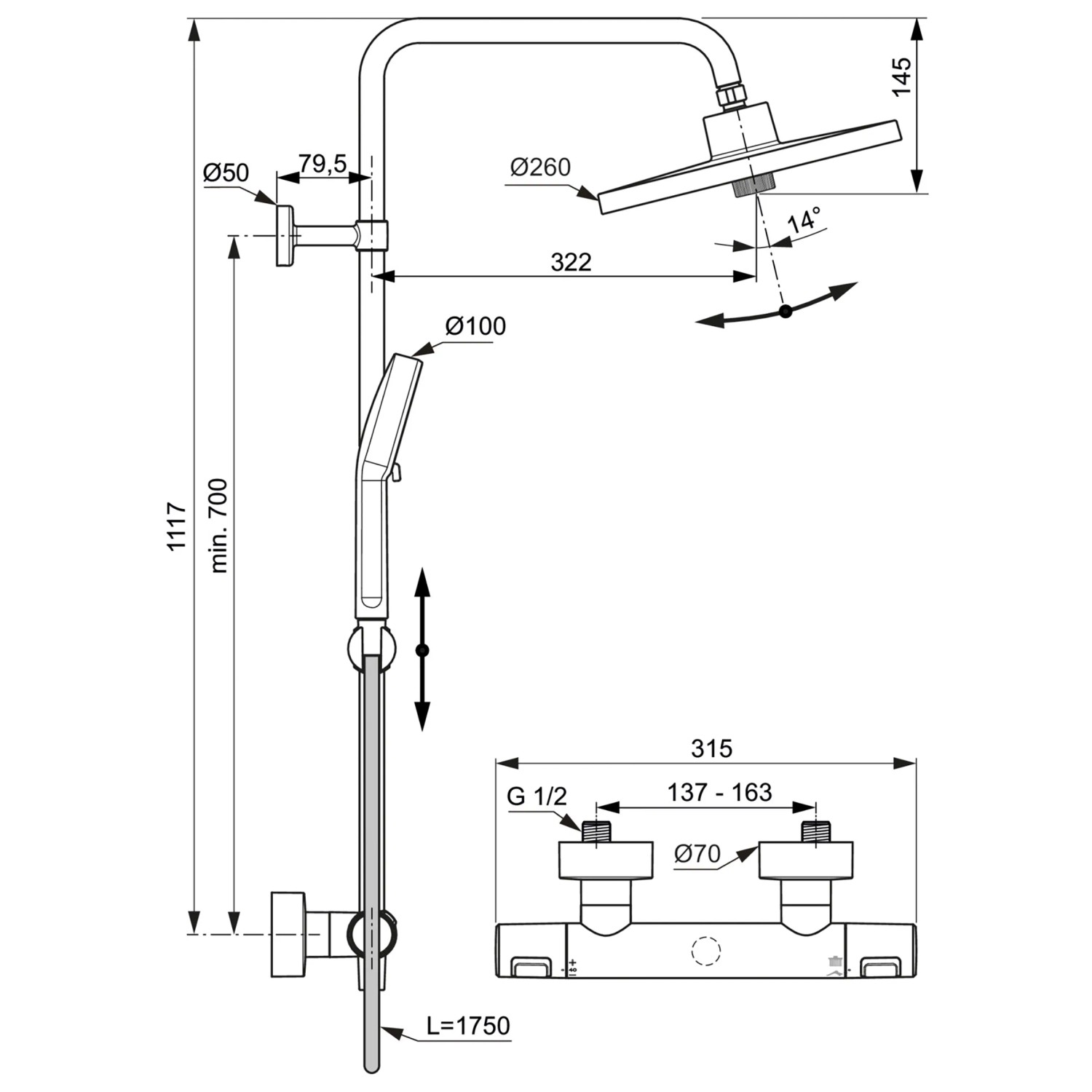 Technische Zeichnung: Ideal Standard Brausegarnitur A7210XG Ceratherm T25+ Schwarz Matt mit Maßen.