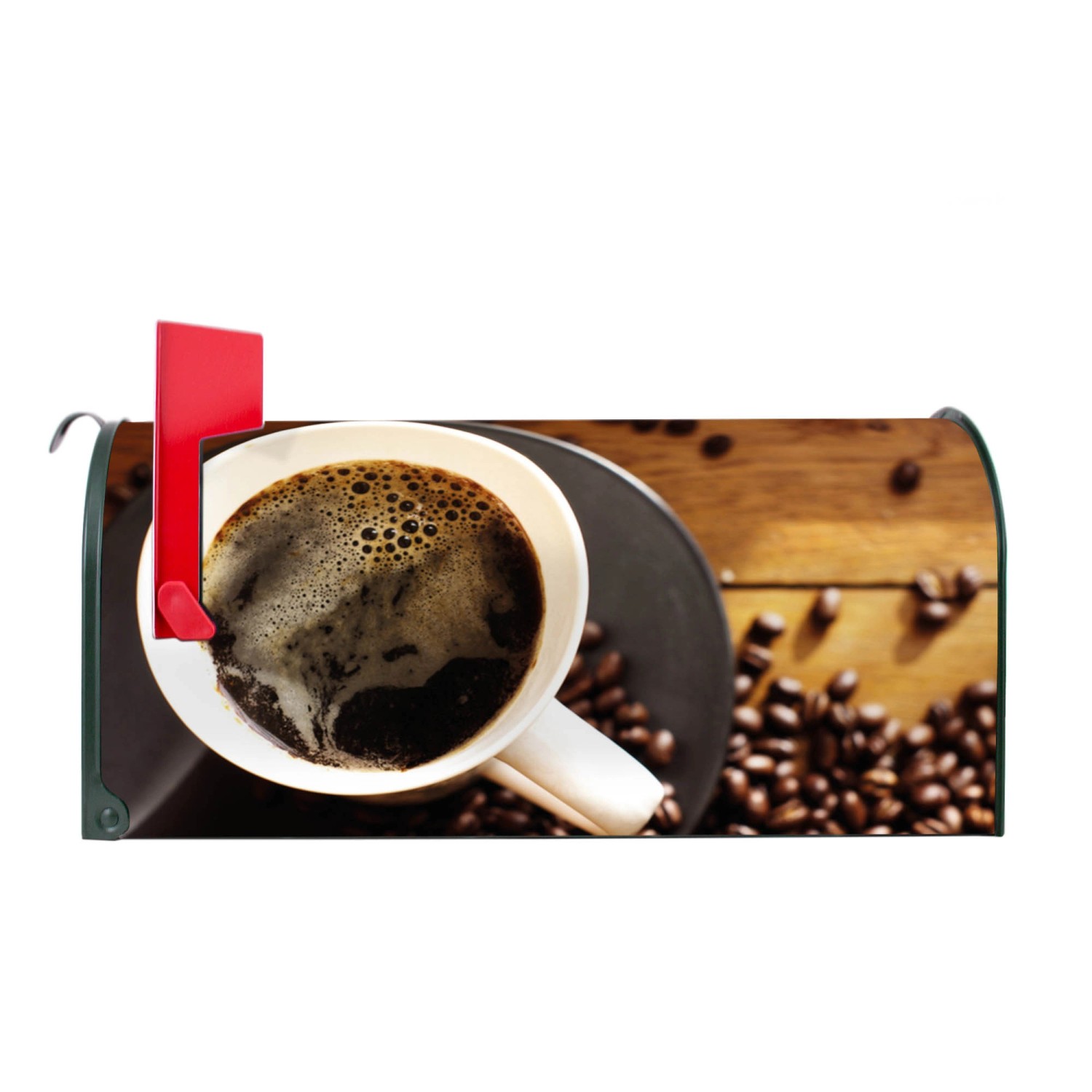 Grüner Banjado US Briefkasten mit Kaffee&Schokolade Motiv, rote Fahne.