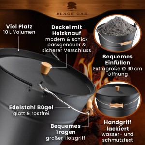 BLACK OAK Ascheeimer FUEGO 10L mit Deckel, Schaufel und Feger für Kamin & Ofen.