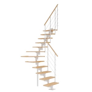 Dolle Mittelholmtreppe Boston, 1/4 gewendelt, Buche Stufen, weißes Metallgeländer.