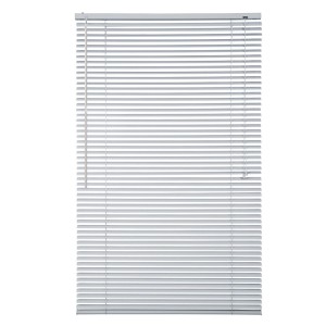 Silberne Aluminium Jalousie 90x130 cm mit horizontalen Lamellen und Schnurzug für Fenster.