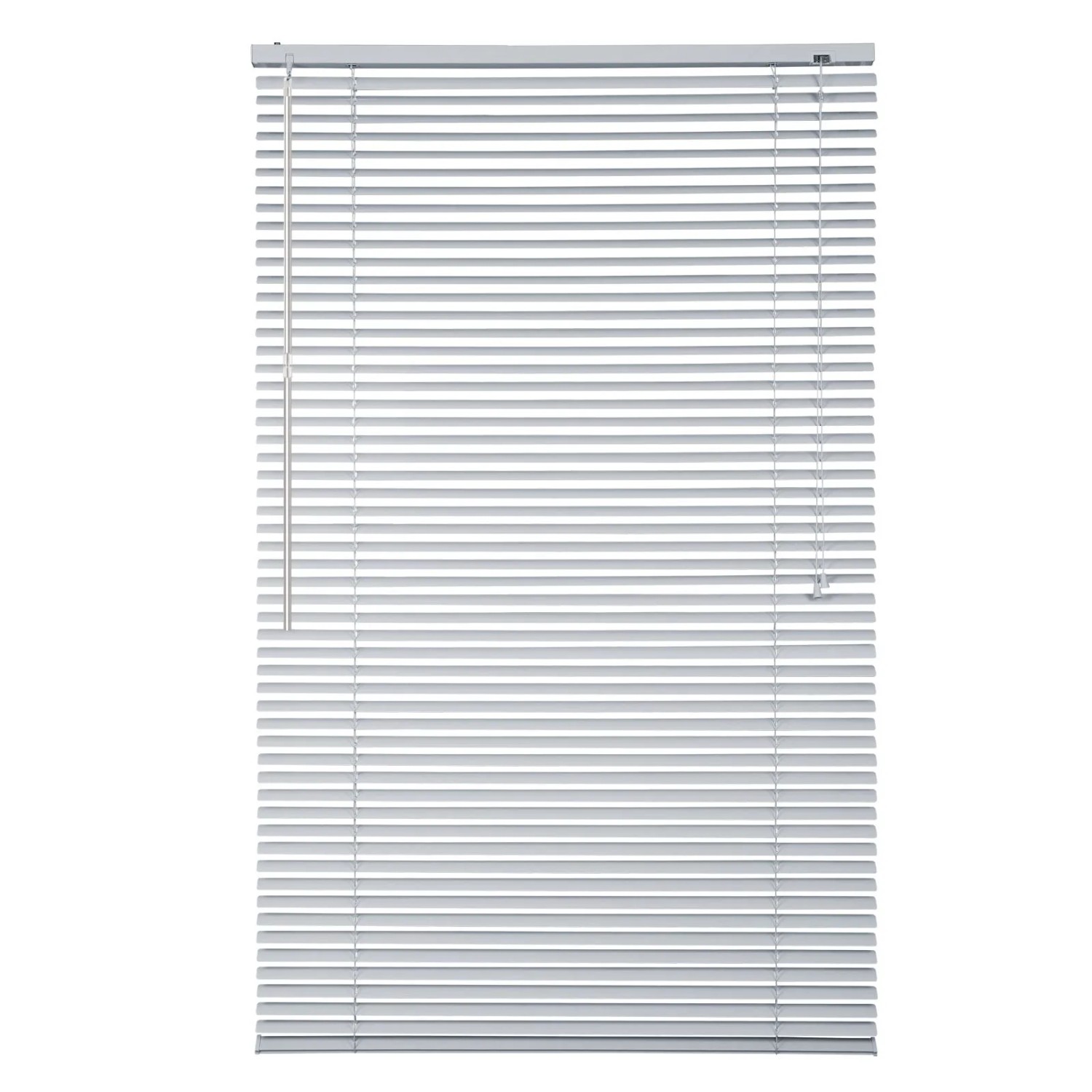 Silberne Aluminium Jalousie 90x130 cm mit horizontalen Lamellen und Schnurzug für Fenster.