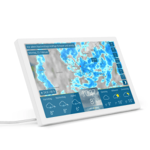 Weißes WetterOnline WetterDisplay mit HD+-Farbdisplay, zeigt animiertes WetterRadar, Regen, Temperatur und 3-Tages-Prognose. WLAN Wetterstation.