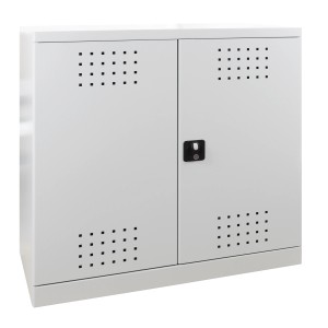 PROREGAL Gefahrstoffschrank Small, 100x100x50 cm, lichtgrau, mit zwei Türen und Lüftungslöchern.