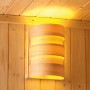 Karibu Saunaleuchte Classic aus Espenholz, montiert an Holzwand. Warmes Licht.