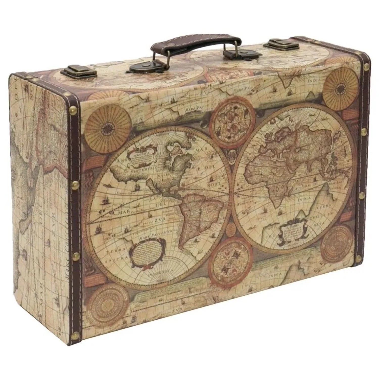 HMF VKO104 Vintage Vintage Koffer Truhe Holzkiste Holz 38 x 26 x 13 cm Deko Weltkarte Farbe