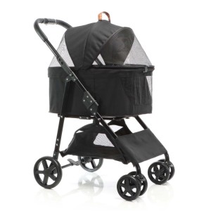 Schwarzer Fudajo 2in1 Hundebuggy, faltbar, mit abnehmbarer Transporttasche, Netzfenstern und Ablagekorb.