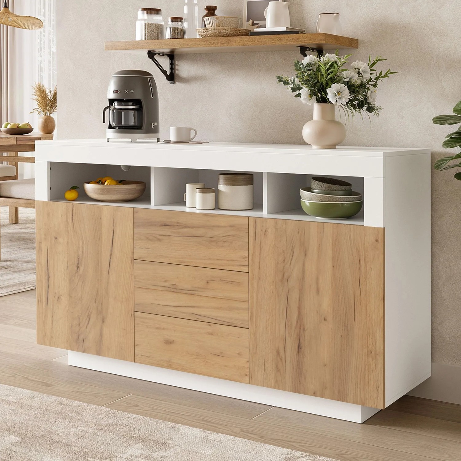 Merax Sideboard Natur Weiß, Holzoptik, 3 Schubladen, 2 Türen, offene Fächer. Ideal für Wohnzimmer.