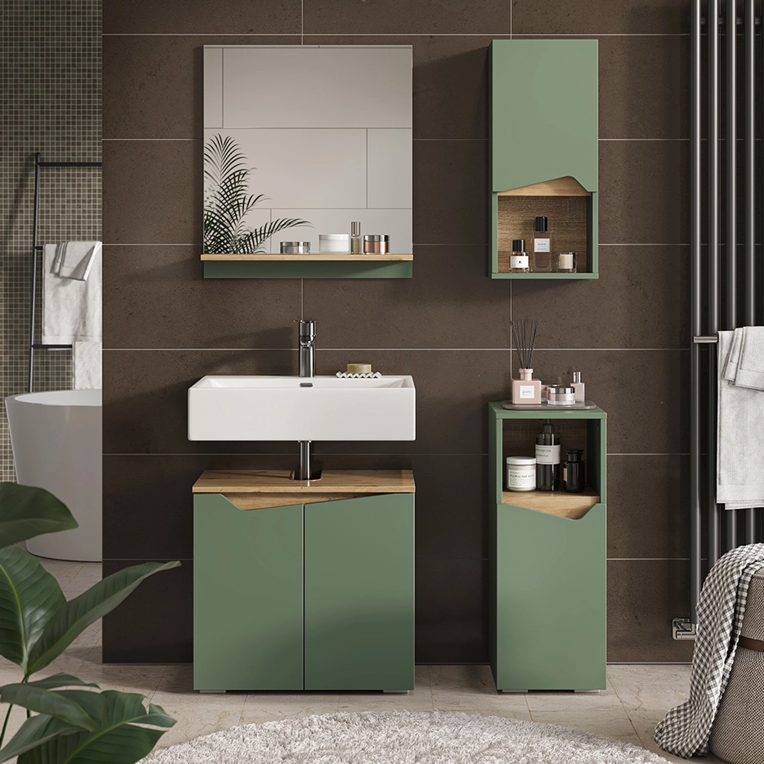 Vicco Badmöbel-Set Marelle, 4-teilig, grün/Artisan: Unterschrank, Spiegel, Midi- & Hängeschrank.
