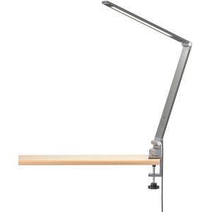 Graue Fischer & Honsel LED-Klemmleuchte Geri, 38 cm, am Tisch befestigt. Moderne Innenraumbeleuchtung.