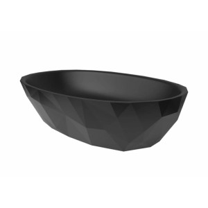Schwarzes ovales Aufsatzwaschbecken aus Gussmarmor mit facettierter Außenseite. Modernes Design für Ihr Bad.