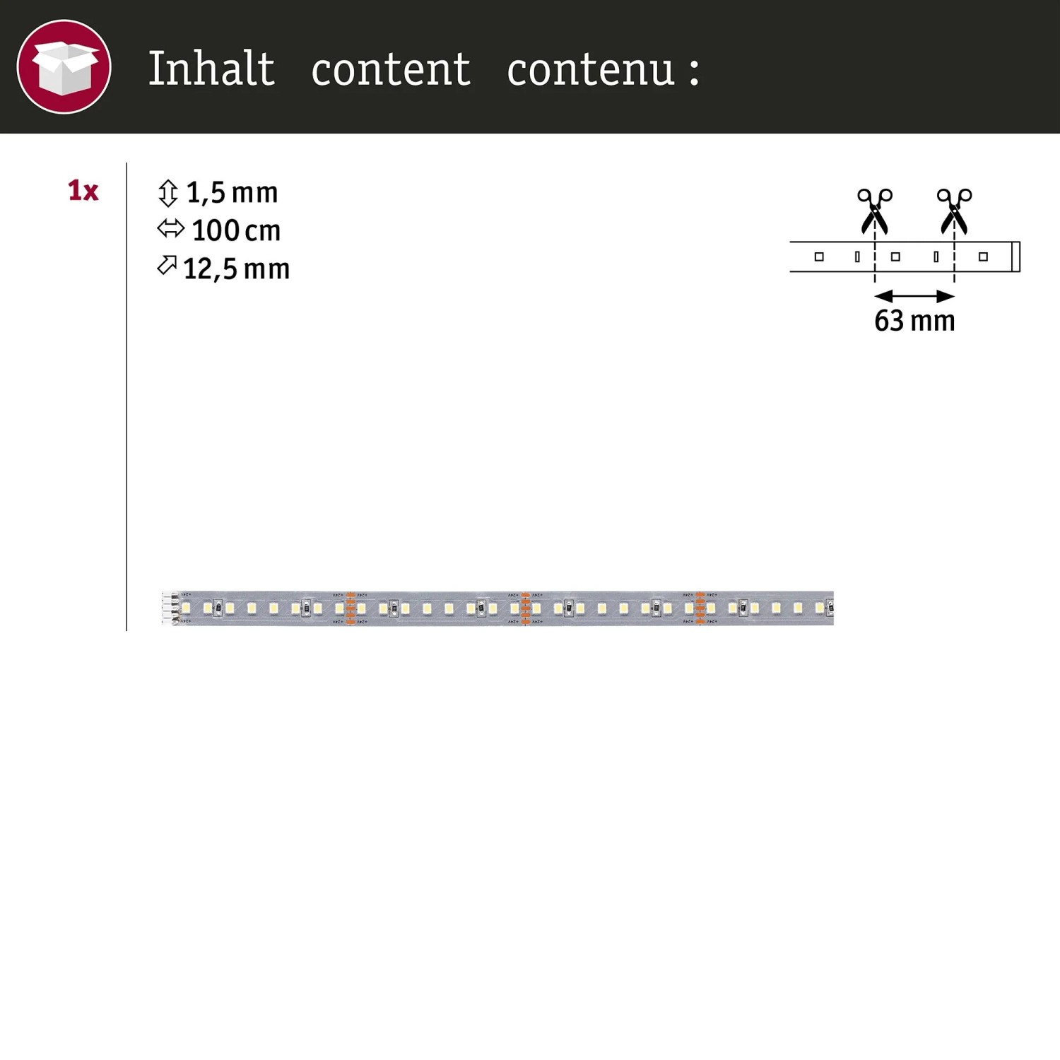 Paulmann MaxLED 1000 LED-Strip-Erweiterung neutralweiß 1m, kürzbar alle 63mm, Maße 1,5x12,5mm.