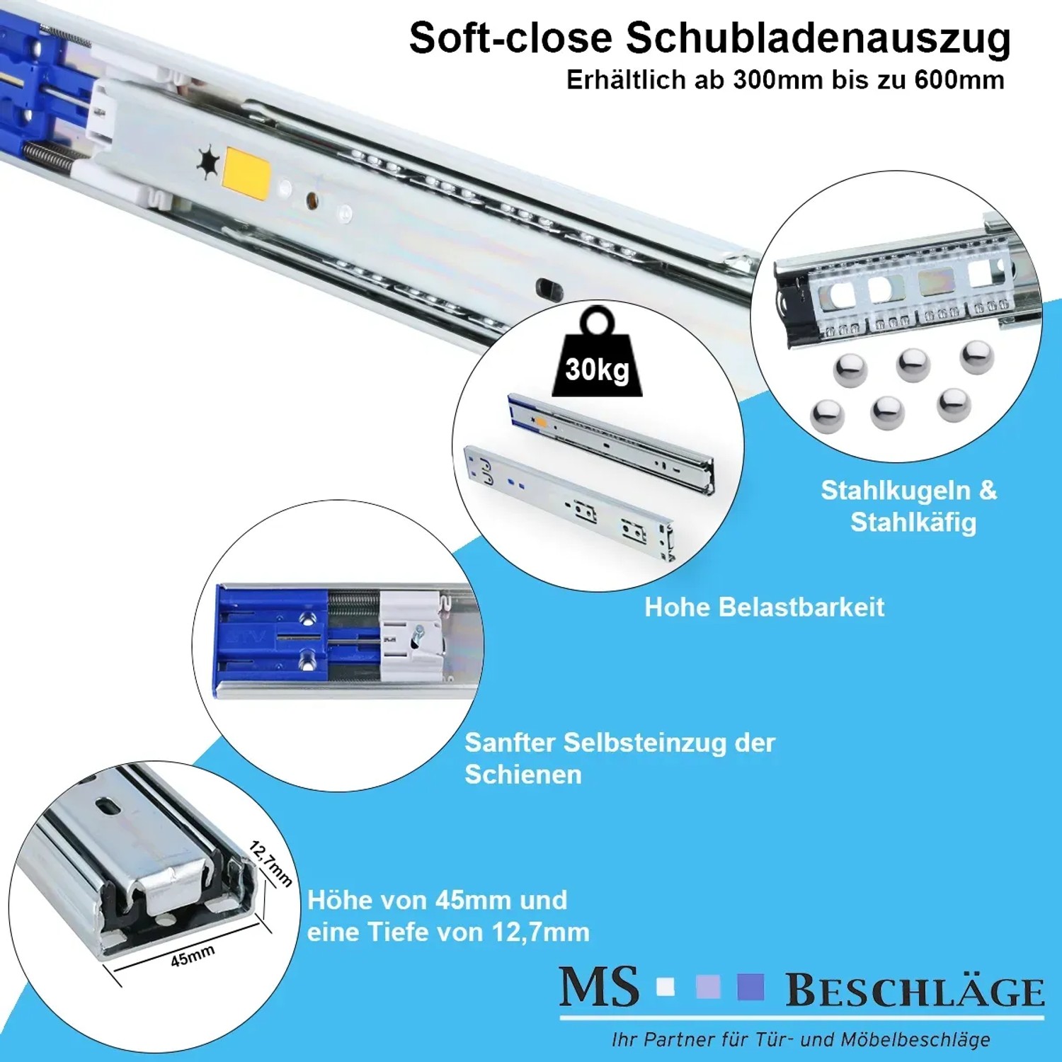 MS Beschläge Schubladenauszug SoftClose, 450mm, 30kg, verzinkter Stahl.