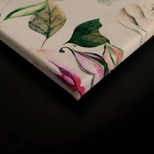 Detailansicht: Bricoflor Leinwandbild mit Frühlingsblumen, rosa und grüne Akzente.