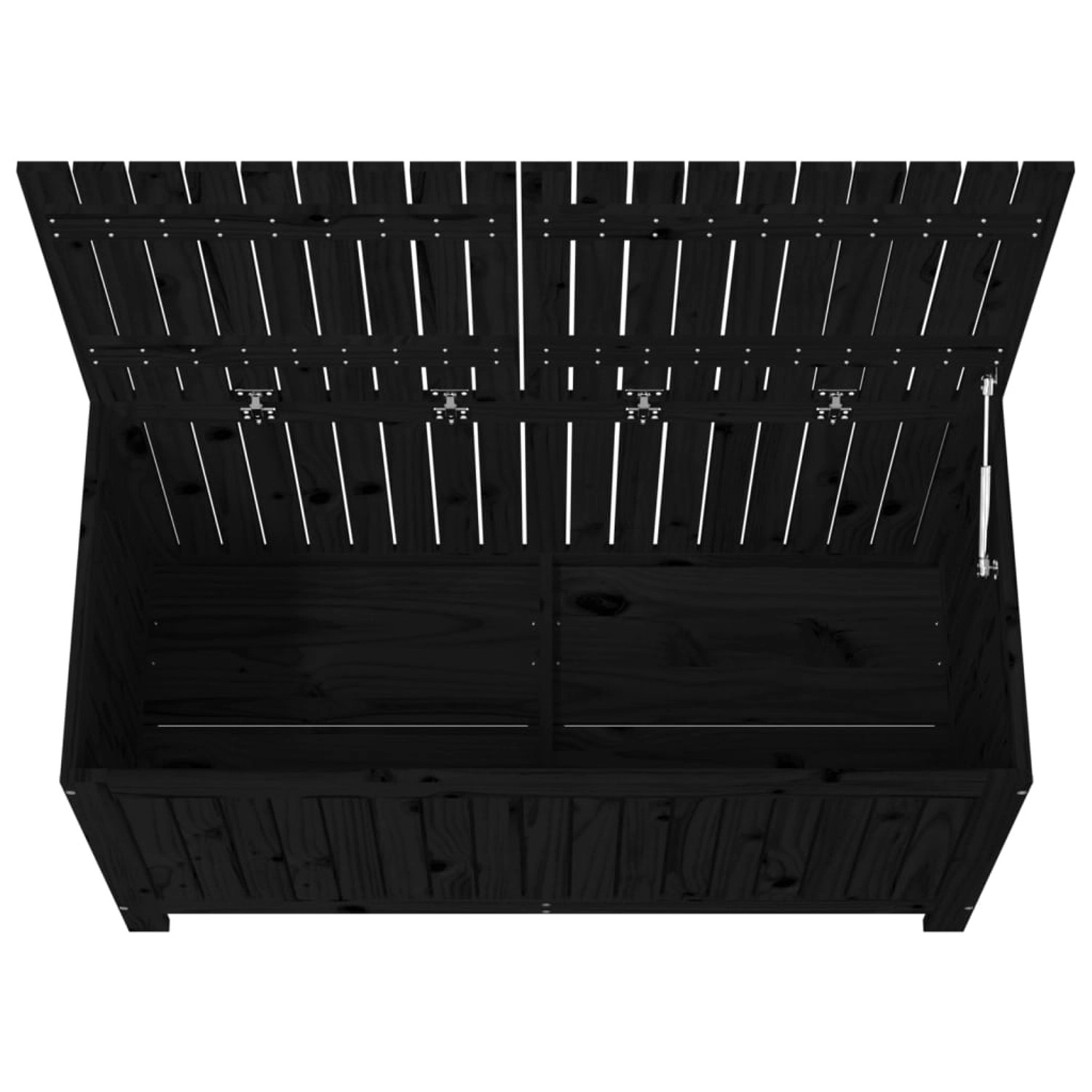 Offene, schwarze vidaXL Gartentruhe aus Kiefernholz, ideal zur Aufbewahrung im Garten.