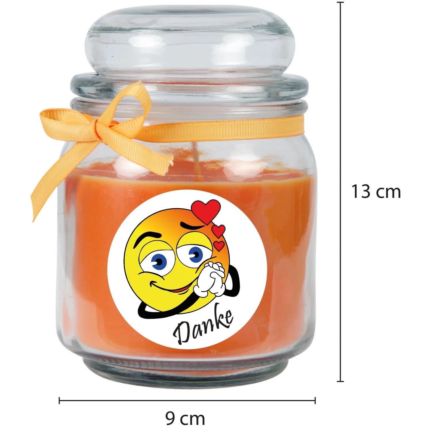 Orange Duftkerze im Glas mit "Danke" Emoji und Schleife, ideal als Geschenk.