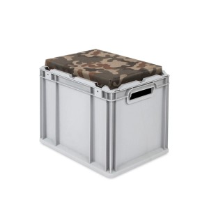 Graue Eurobox Sitzbox mit Camouflage-Sitzkissen, 30 Liter, für Lagerung und Transport.