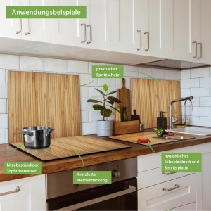 Banjado Herdabdeckplatte aus Glas mit Bambusmotiv als Schneidebrett und Spritzschutz in Küche.