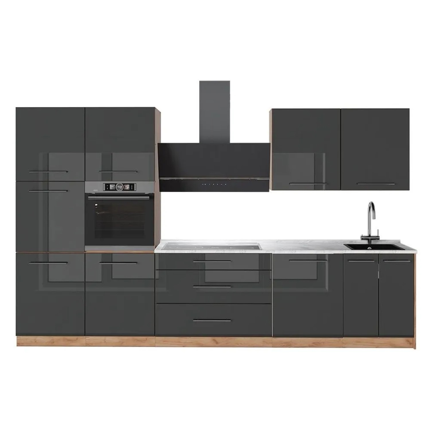 Vicco Küchenzeile Fame-Line Anthrazit Hochglanz/Goldkraft Eiche 340 x 207 AP Marmor Art Nr 64590