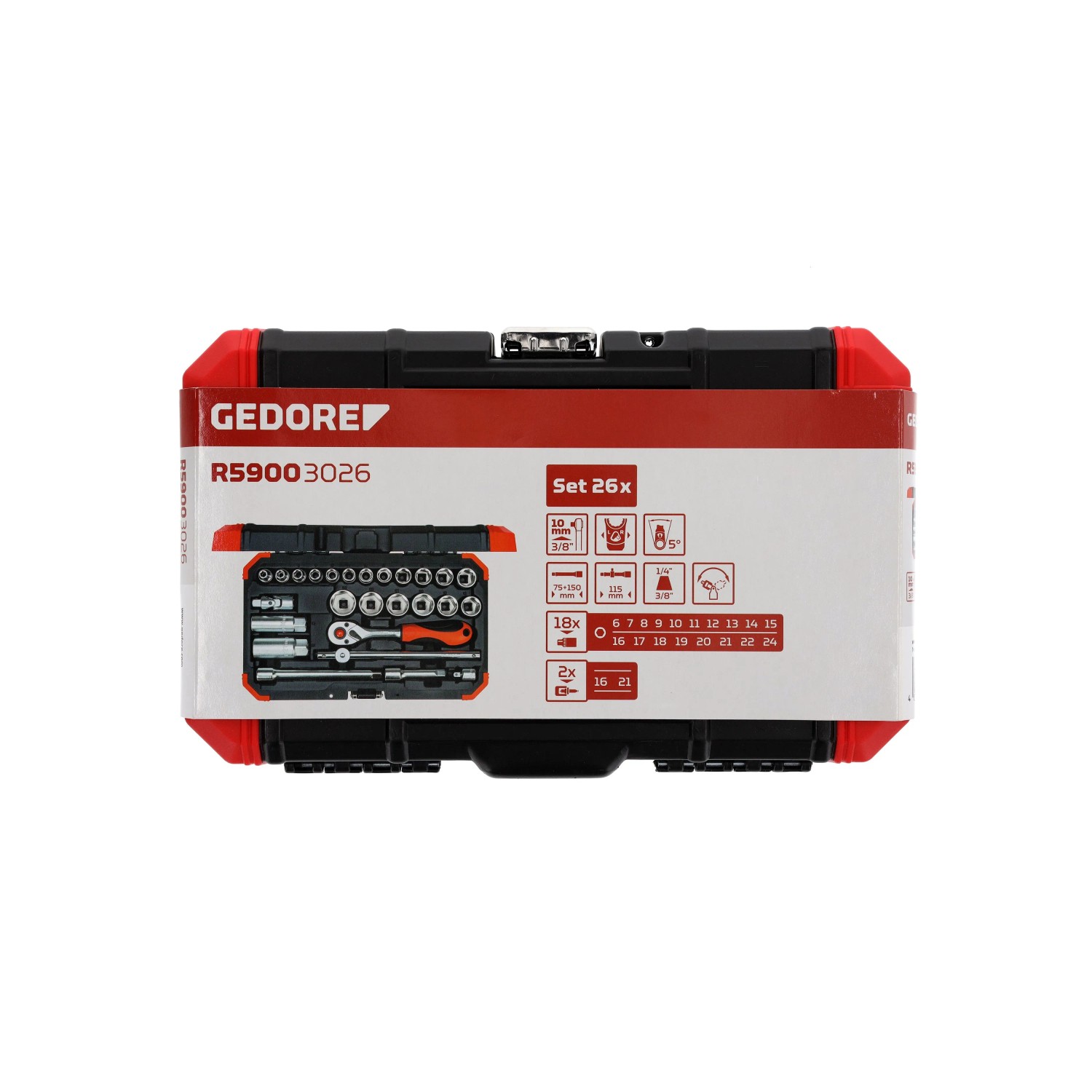 Gedore Steckschlüssel-Satz R59003026, 26-teilig im roten Koffer. Werkzeug-Set mit Knarre, Einsätzen und Zubehör.
