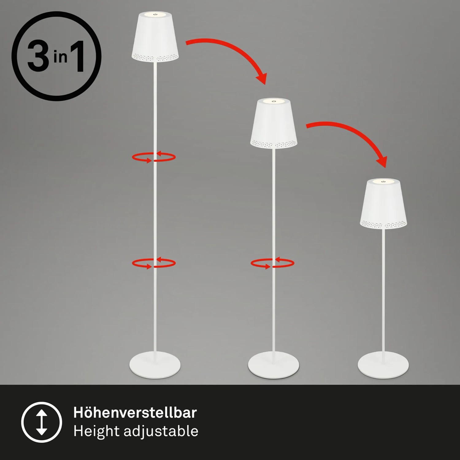 Brilo Akku Stehleuchte Kiki, höhenverstellbar und dimmbar, in Weiß. Design-Stehlampe für Innen und Außen.