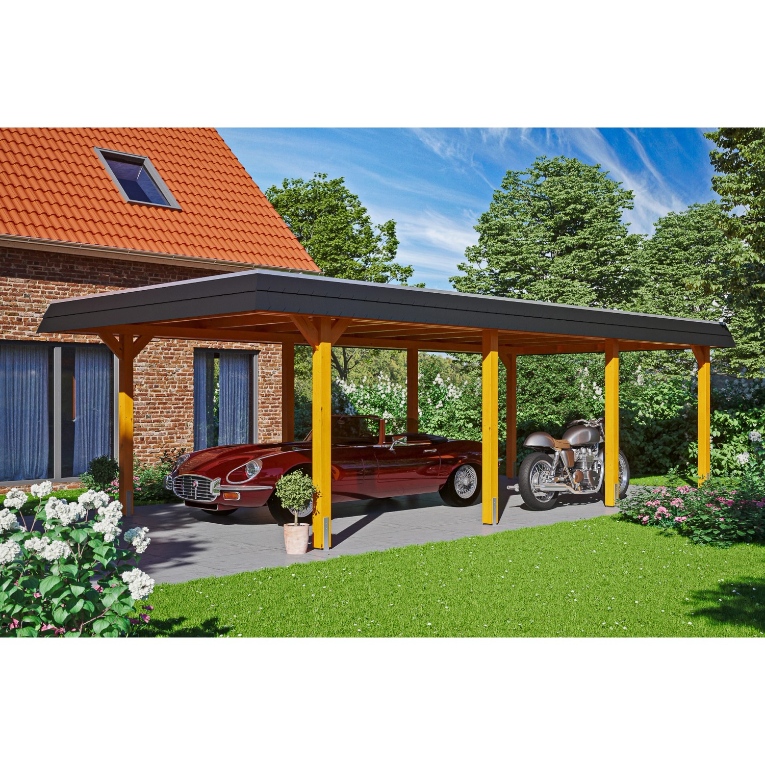 Skan Holz Carport Wendland Eiche hell 409 x 870 cm EPDM-Dach Blende Schwarz günstig online kaufen