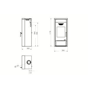 Technische Zeichnung Kaminofen KF 101 Yara Stahl mit Maßen.