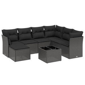 Schwarze 8-tlg. vidaXL Garten-Sofagarnitur aus Poly Rattan mit Kissen und Tisch.