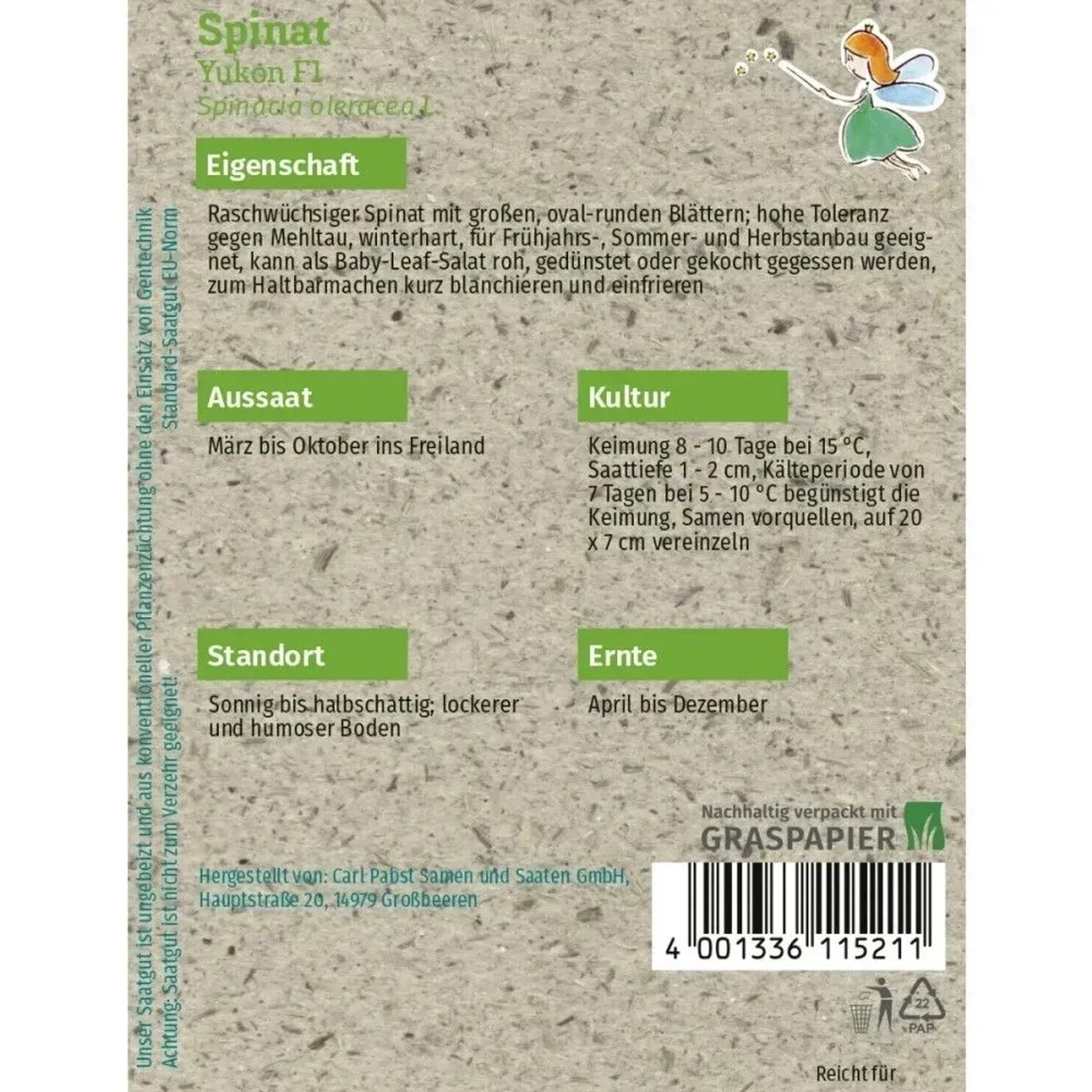 Samenpackung Grüne Fee Spinat Yukon F1 mit grüner Schrift, Fee und Graspapier-Verpackung für Blattgemüse Anbau.