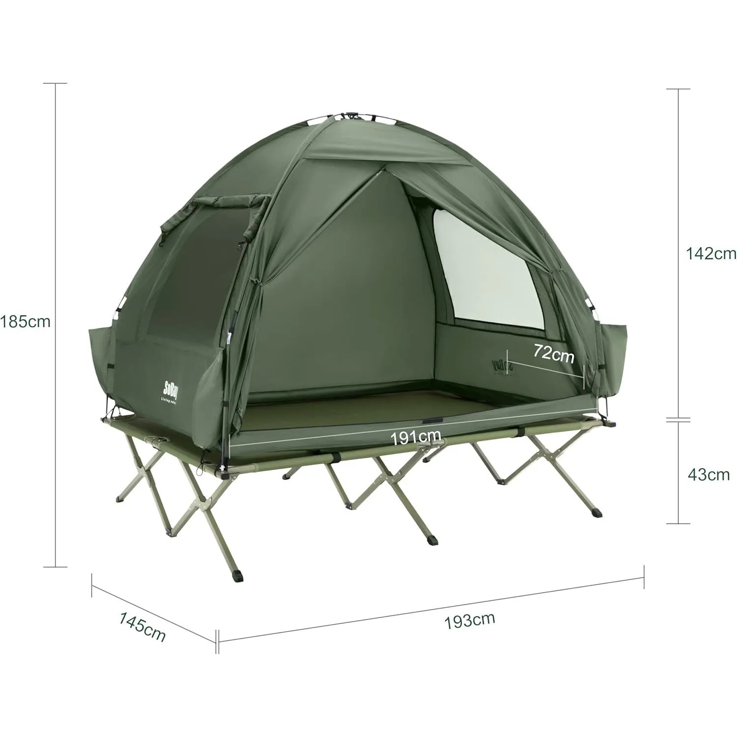 Grünes SoBuy Feldbett mit Zelt für 2 Personen, Luftmatratze und Maßen, ideal für Camping.