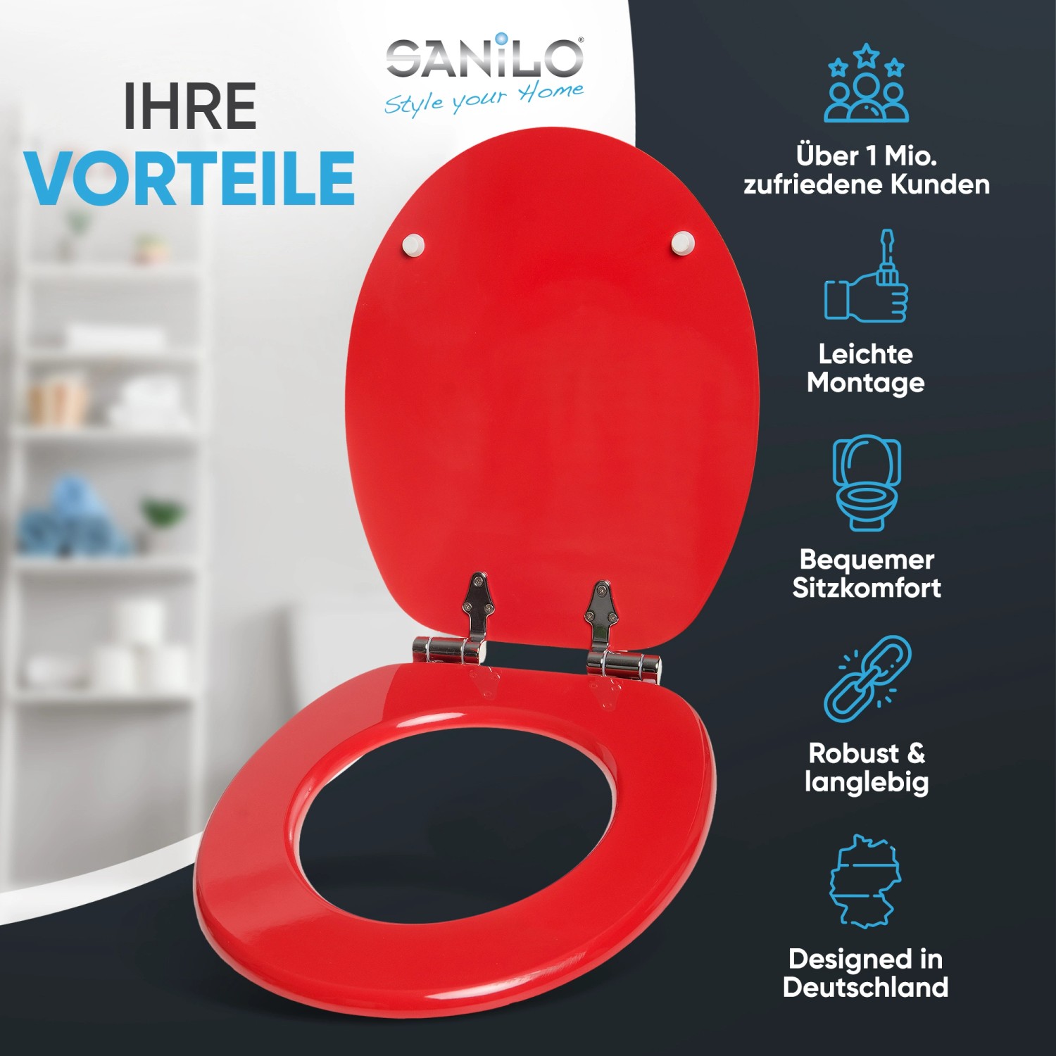 Sanilo WC Sitz mit Absenkautomatik Rot, Hochwertiger und Stabiler