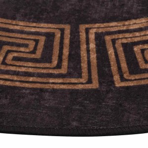 Runder, waschbarer Teppich in Schwarz und Gold mit griechischem Muster.