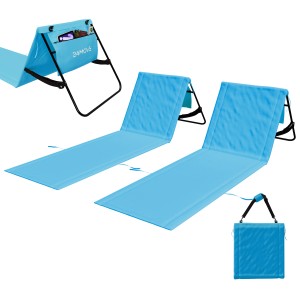 2er Set blaue 24MOVE Strandmatten mit Rückenlehne, klappbar mit Tasche und Gurt.