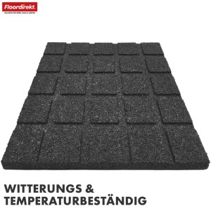 Schwarze Floordirekt Fallschutzmatte 50x50 cm, Elastikmatte mit Drainage für Trockenausbau.