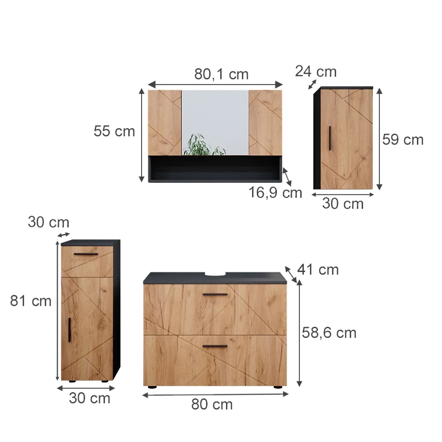 Vicco Badmöbel-Set Irma, 4-teilig, Anthrazit/Eiche, mit Unterschrank, Spiegelschrank und Hochschränken.