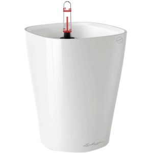 Weißes Lechuza Deltini Pflanzgefäß, hochglänzend, Ø 14 cm, mit Bewässerungssystem.