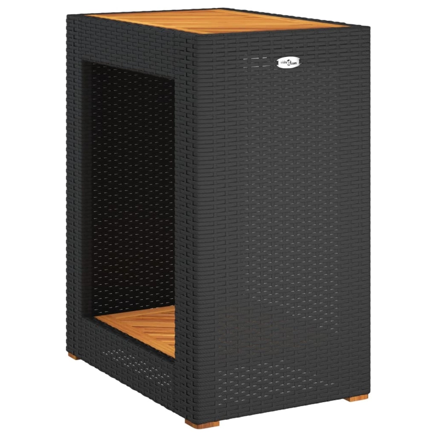 Schwarzer vidaXL Garten-Beistelltisch aus Rattan mit Holzplatte und Ablage.