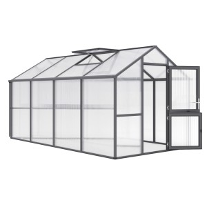 KGT Gewächshaus Iris IV, anthrazit-grau, mit geöffneter Tür und Dachfenster.