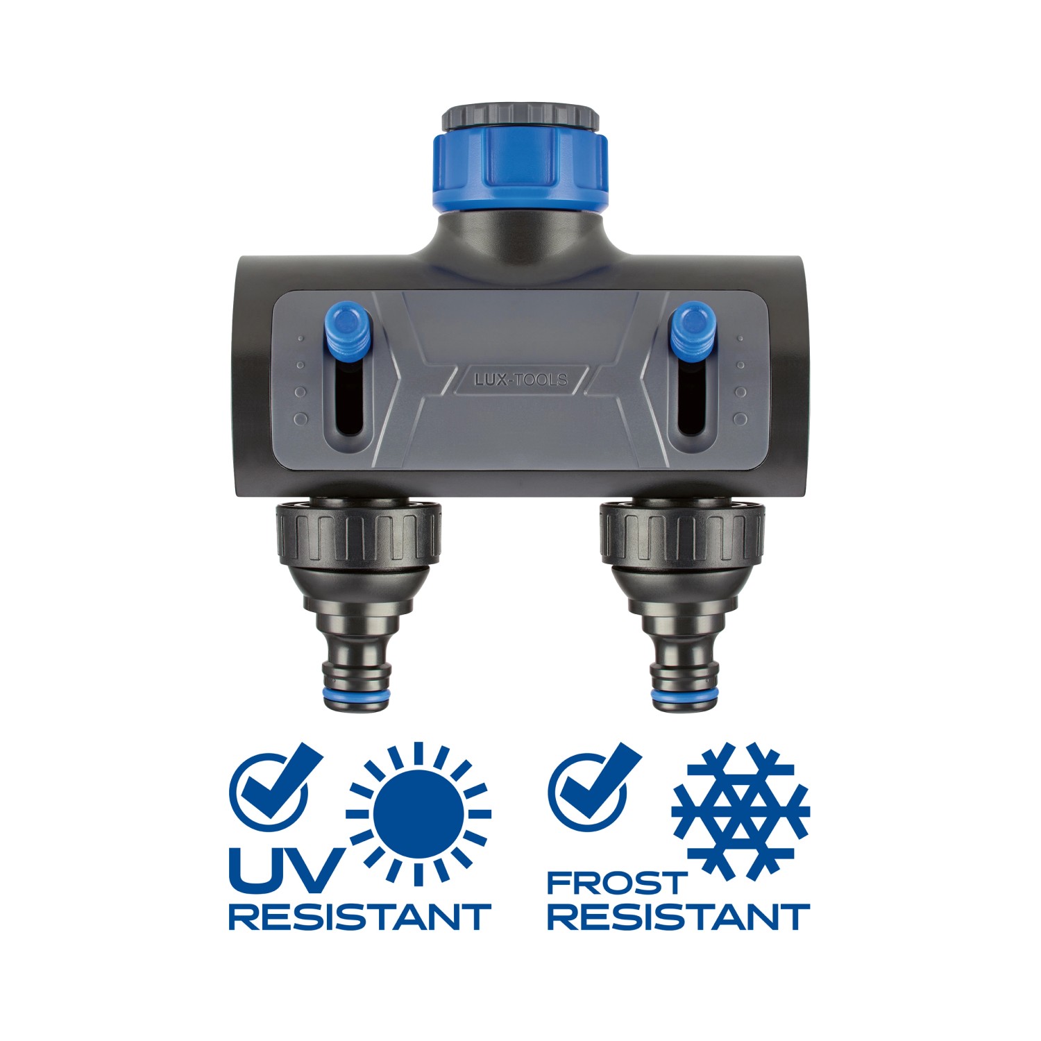 LUX 2-Wege-Verteiler für Gartenschläuche, 26,4 mm auf 33,3 mm, aus robustem, frost- und UV-beständigem Kunststoff.