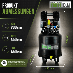 TRUTZHOLM Flüsterkompressor 50L, 1500W, 8 Bar: Abmessungen 900x450x450mm. Vertikaler Kompressor, kompakt.