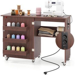Costway 2-in-1 Nähtisch, klappbar, mit Ladestation in Kaffeeoptik, mit Nähmaschine und Garnrollen.