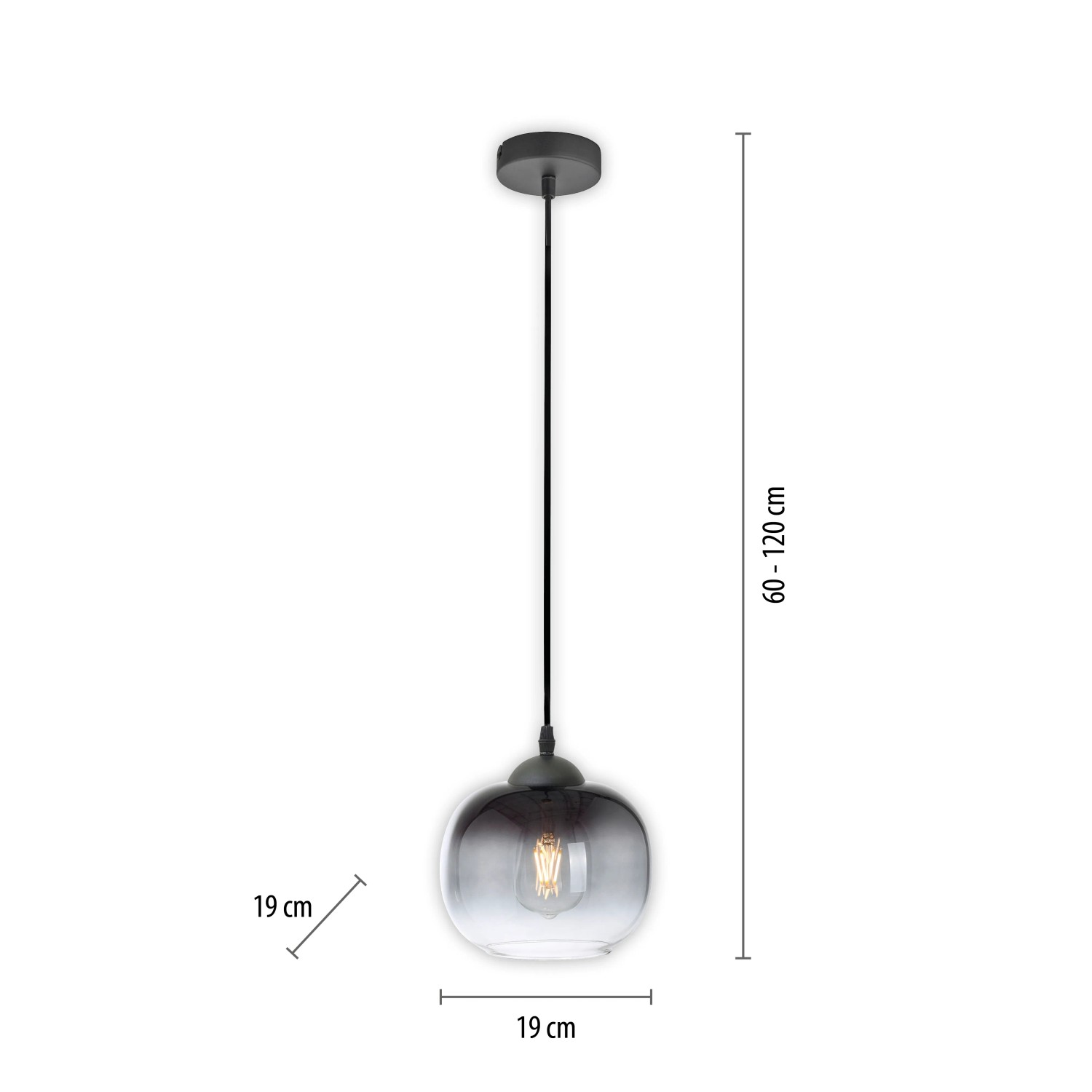 Schwarze Just Light Pendelleuchte Zea, 1-flammig, mit Rauchglas-Schirm und E27 Fassung.