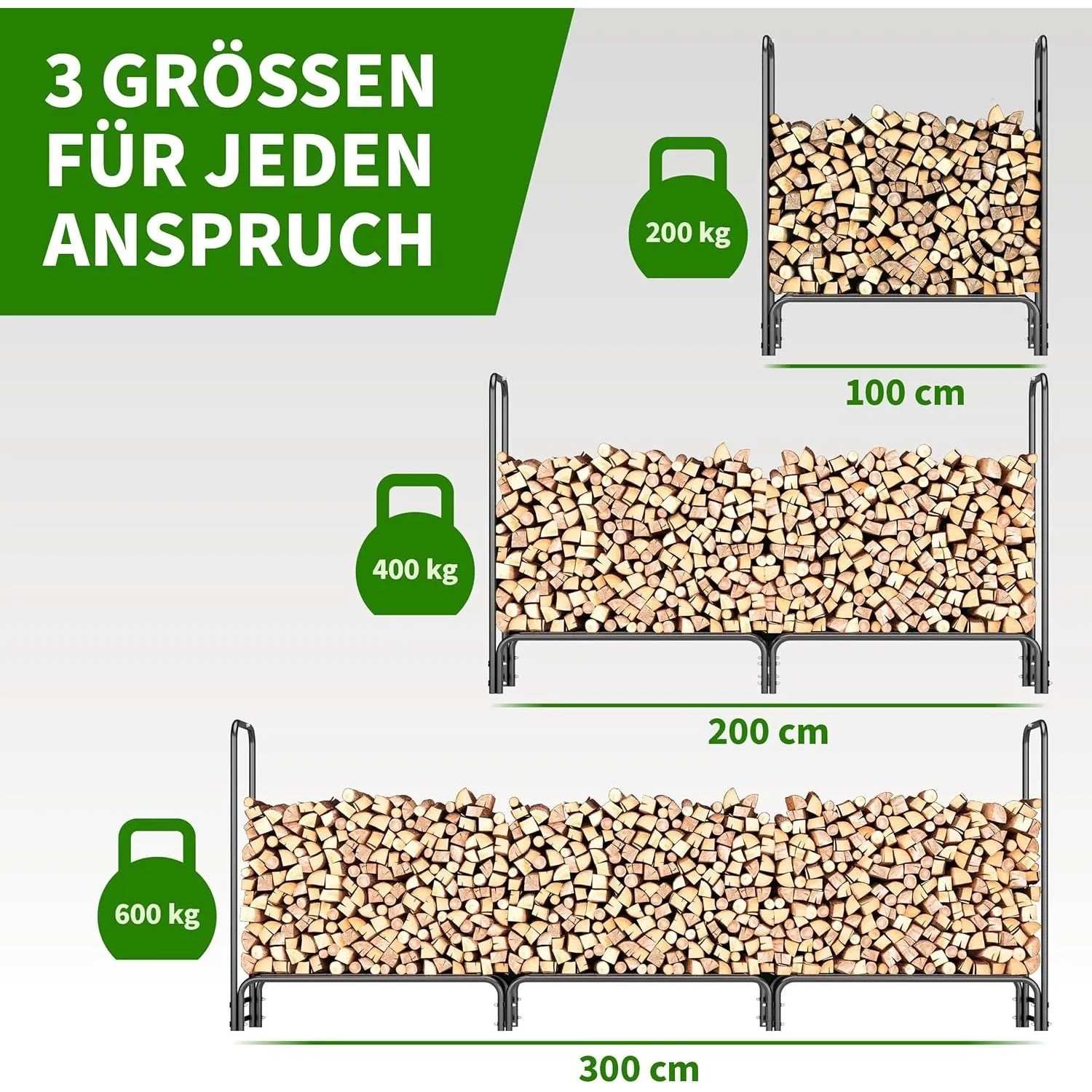 TTL GARDEN Kaminholzregal in 3 Größen: Übersicht der Tragkraft und Abmessungen des Holzlagerregals.