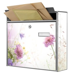 Silberner Banjado Briefkasten mit Blumenmotiv, inkl. Montagematerial und Schlüsseln. Großes Fassungsvermögen.