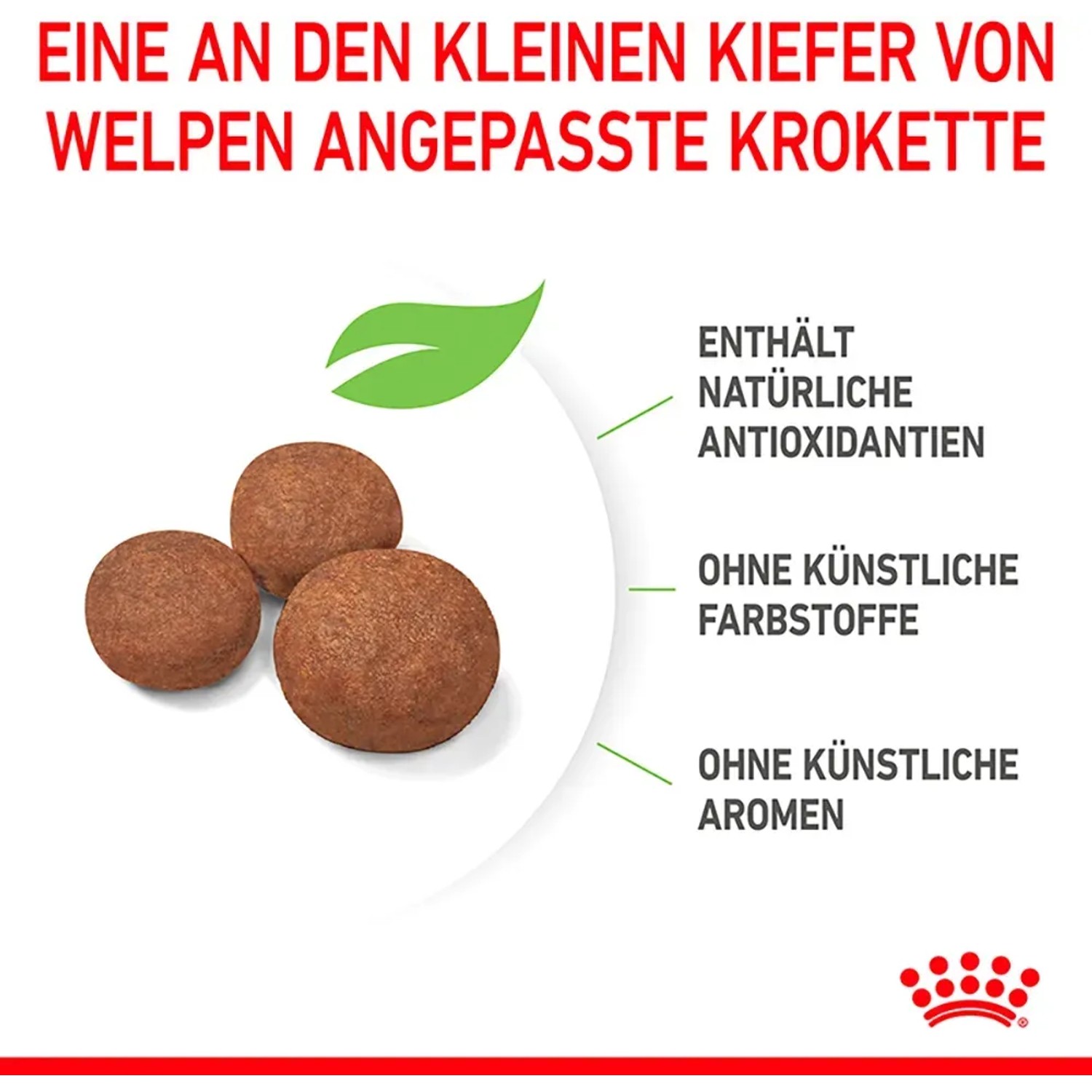 Royal Canin Medium Puppy Trockenfutter: Drei Kroketten, angepasst an Welpenkiefer.